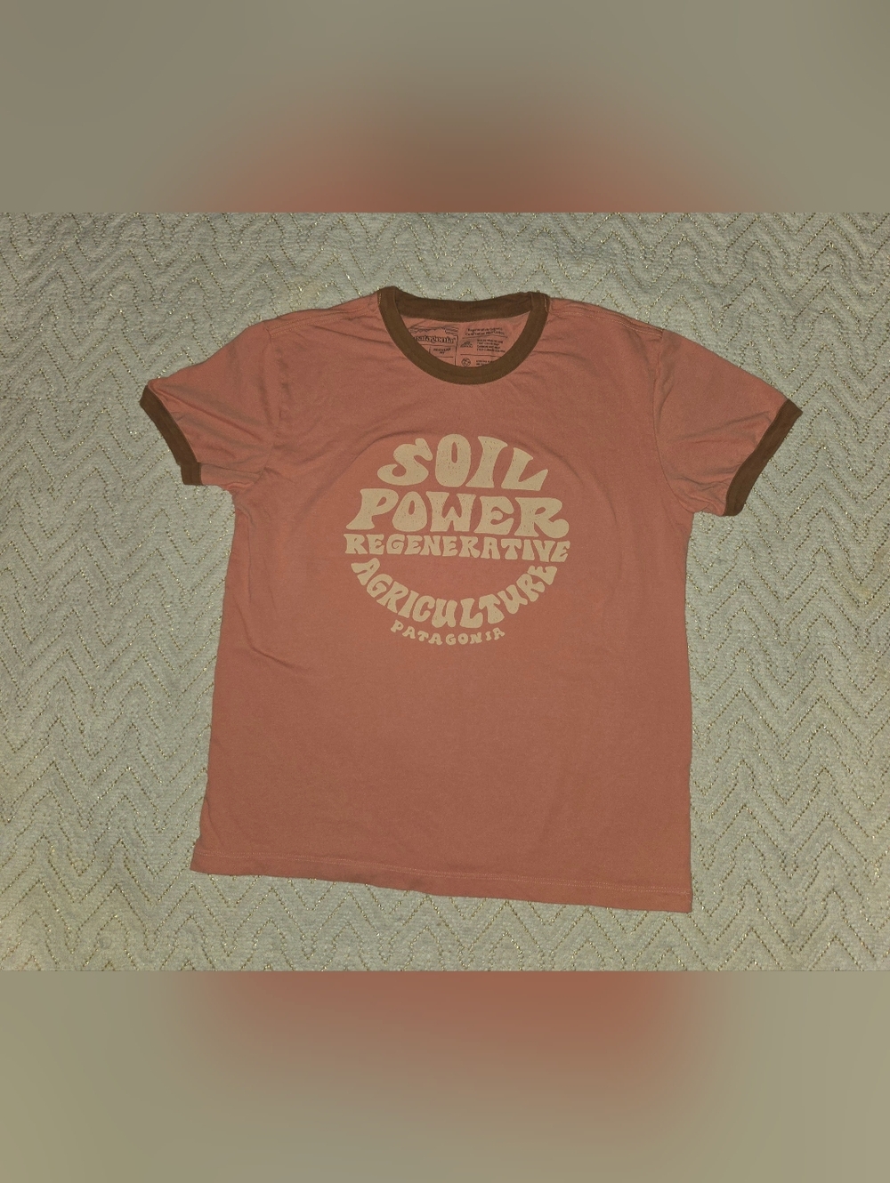 Patagonia Dusty Peach Ringer Tee with Brown Trim - Soil Power Graphic